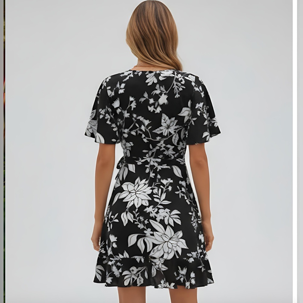 Floral Print Butterfly Sleeve Ruffle Trim Wrap Knot Side Dress - Picture 2 of 9